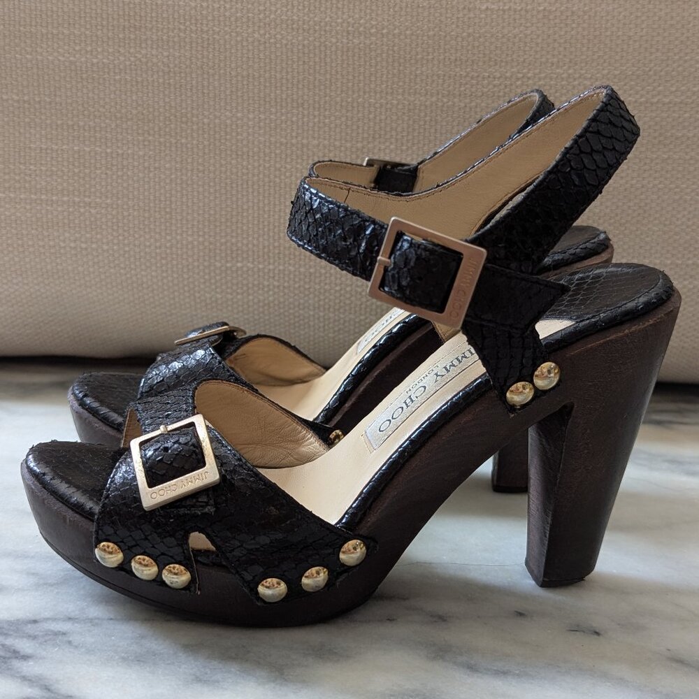 JIMMY CHOO Snake Print Leo Black Sandal IT38, US8